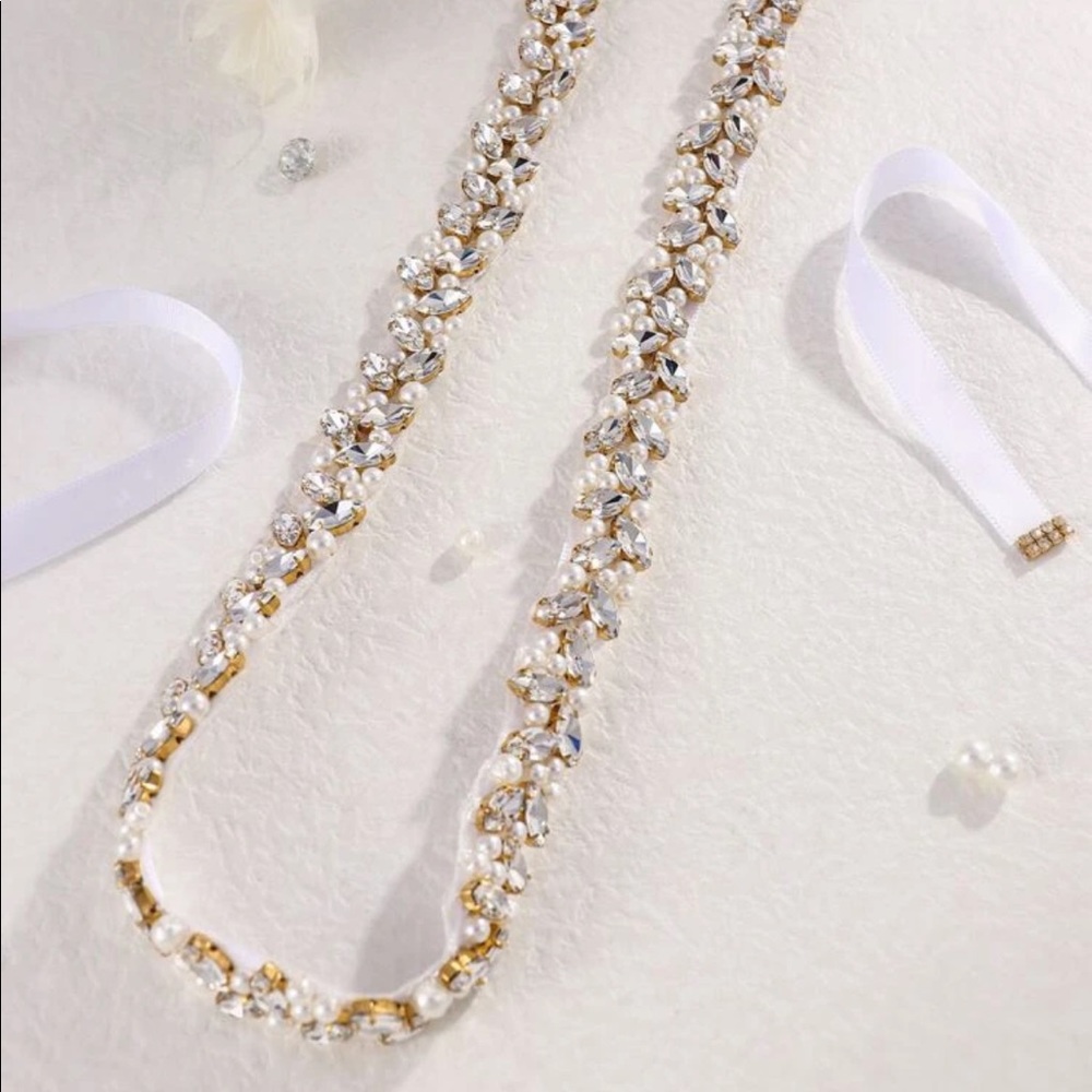 Rhinestone Crystal Belt Bride Wedding Sash White Decor Bridal Gold - Picture 4 of 5